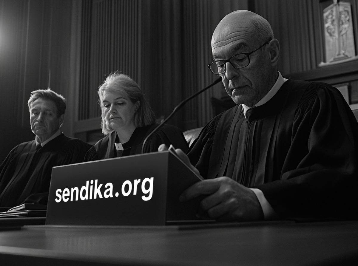 three stern looking judges with a desk tag in front saying sendika.org